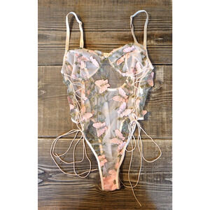 Y2K Butterfly‎ Bodysuit Small Pink Mesh Sheer Lingerie Fairy Boho Whimsy Cami